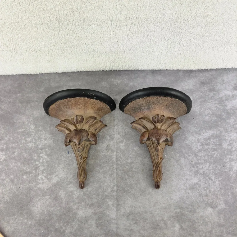 Vintage Ornate Floral Wall Sconce Corbel Shelves Pair Bronze Gold Black Finish